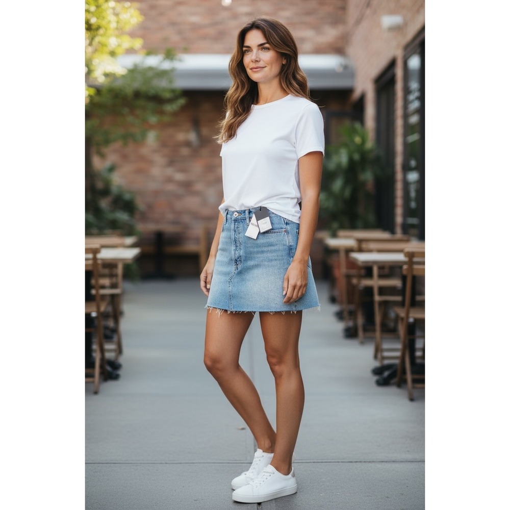 RE/DONE 90s Mini Denim Skirt Size 29 Faded Blue Button Front Raw Hem NWT